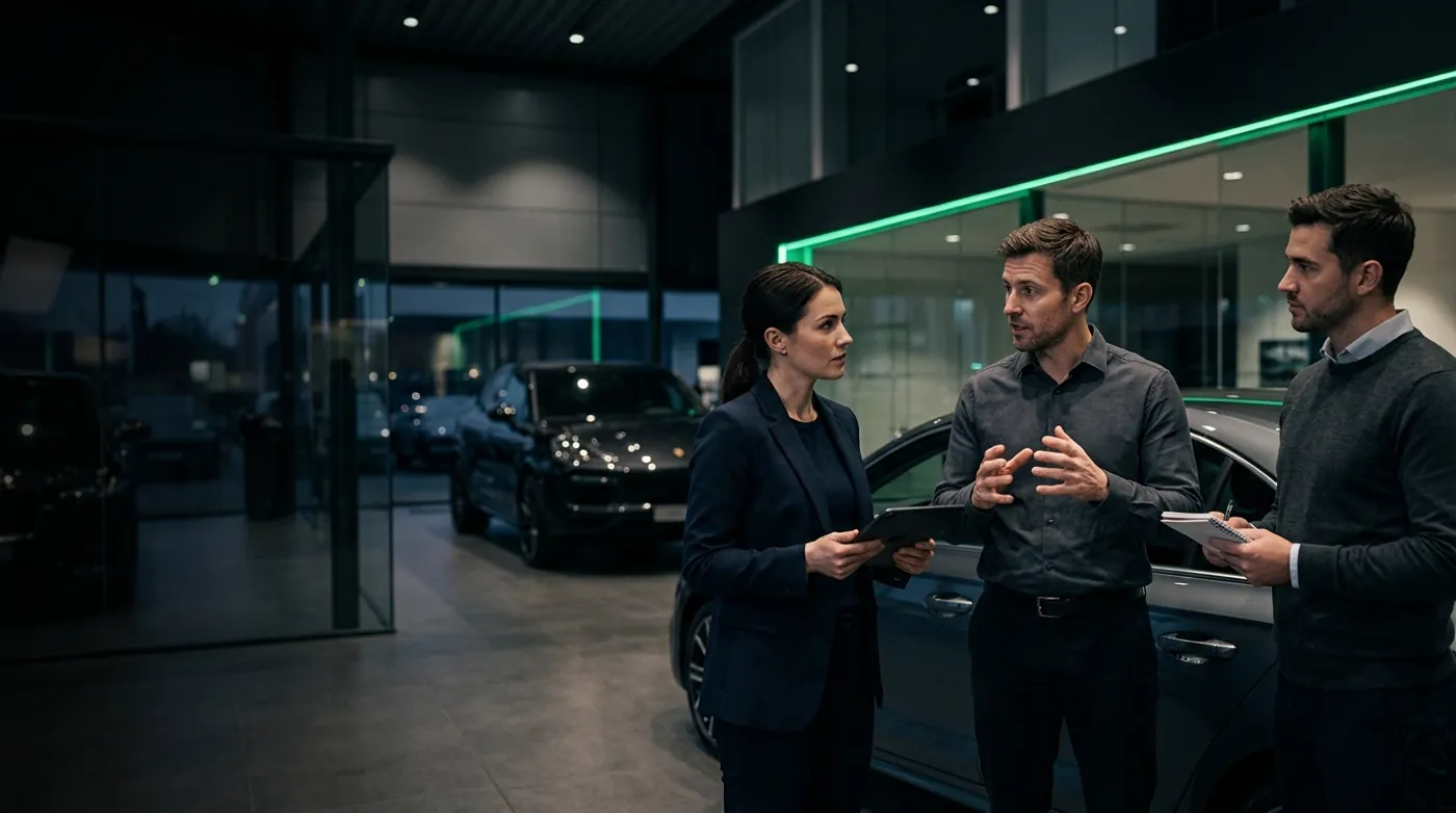 A sales team practicing a customer conversation on a dealership floor as part of ongoing sales training